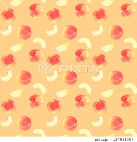 熟した桃のパターン　手描き水彩イラストの果物柄 124911507