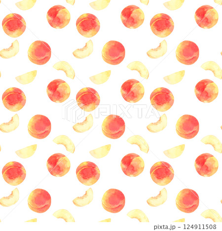 熟した桃のパターン 手描き水彩イラストの果物柄 熟した桃のパターン 手描き水彩イラストの果物柄 124911508