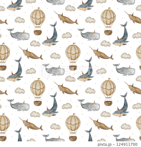 Pattern vintage blue whale, narwhal, sperm whales, balloons in the clouds. Seamless print watercolor illustration hand drawn on background for textile, fabric, packaging, children's clothes, wallpaper Pattern vintage blue whale, narwhal, sperm whales, balloons in the clouds. Seamless print watercolor illustration hand drawn on background for textile, fabric, packaging, children's clothes, wallpaper 124911700