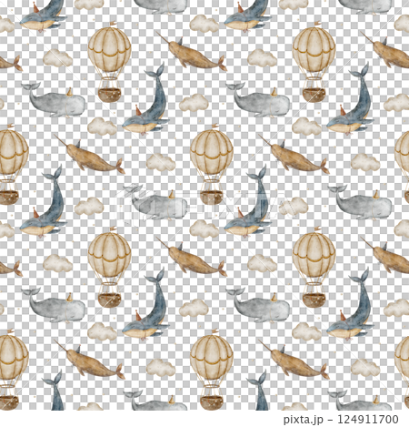 Pattern vintage blue whale, narwhal, sperm whales, balloons in the clouds. Seamless print watercolor illustration hand drawn on background for textile, fabric, packaging, children's clothes, wallpaper Pattern vintage blue whale, narwhal, sperm whales, balloons in the clouds. Seamless print watercolor illustration hand drawn on background for textile, fabric, packaging, children's clothes, wallpaper 124911700