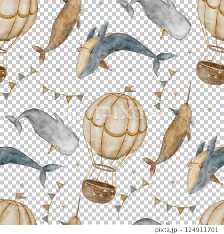 Pattern blue whale, narwhal, sperm whales in party cap, garland, balloon. Watercolor illustration hand drawn on background for seamless print, textile, fabric, packaging, children's clothes, wallpaper Pattern blue whale, narwhal, sperm whales in party cap, garland, balloon. Watercolor illustration hand drawn on background for seamless print, textile, fabric, packaging, children's clothes, wallpaper 124911701