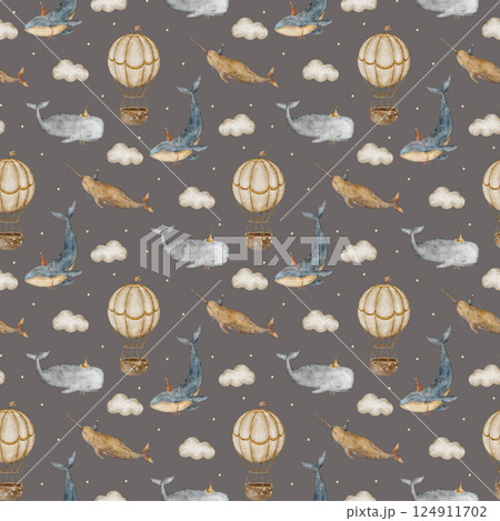 Watercolor pattern vintage whales, balloons in sky beige clouds, stars. Seamless print illustration children's on colored dark gray background for design, fabric, textile, packaging, wallpaper clothes 124911702