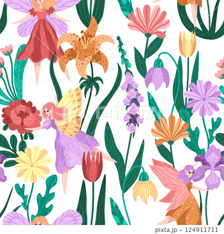 Cute pixie girl flying in starlit flower garden. Seamless pattern illustration of fairies with magical flowers. Ideal for whimsical packaging, and story books Cute pixie girl flying in starlit flower garden. Seamless pattern illustration of fairies with magical flowers. Ideal for whimsical packaging, and story books 124911711