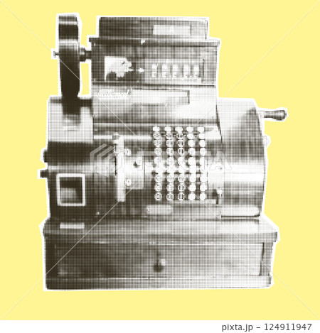 Retro cash register. Vintage money cashbox. Halftone trendy cut out paper collage element isolated on yellow background, Polka dot pop art style texture Vector illustration. Retro cash register. Vintage money cashbox. Halftone trendy cut out paper collage element isolated on yellow background, Polka dot pop art style texture Vector illustration. 124911947