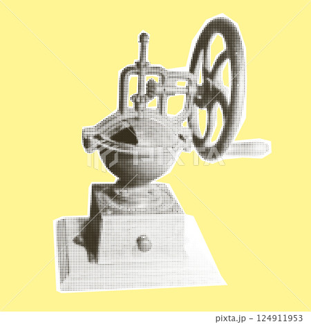 Retro coffee grinder. Vintage coffee mill. Halftone trendy cut out paper collage element isolated on yellow background, Polka dot pop art style texture Vector illustration. 124911953