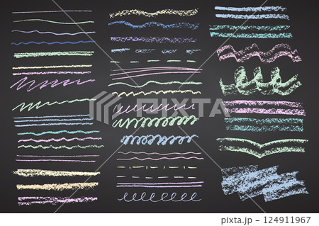 Charcoal pencil hand drawing curly lines, splash, squiggles and shapes. Color elements on black chalkboard. Grunge chalk crayon scribbles doodles textures. Rough crayon strokes. Vector illustration. 124911967