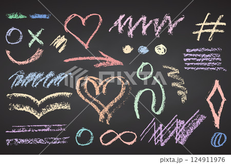 Charcoal pencil hand drawing curly groovy shapes, splash and squiggles. Color chalk elements on black chalkboard Grunge chalk crayon scribbles doodles texture Rough crayon stroke Vector illustration Charcoal pencil hand drawing curly groovy shapes, splash and squiggles. Color chalk elements on black chalkboard Grunge chalk crayon scribbles doodles texture Rough crayon stroke Vector illustration 124911976