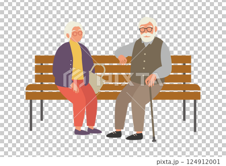 公園のベンチに座っている老夫婦のイラスト素材 ベクター シニア 高齢者 敬老の日 白背景 124912001