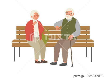 ベンチに座る老夫婦のイラスト素材 ベクター 高齢者 シニア 敬老 白背景 124912098