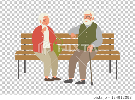 ベンチに座る老夫婦のイラスト素材 ベクター 高齢者 シニア 敬老 白背景 124912098