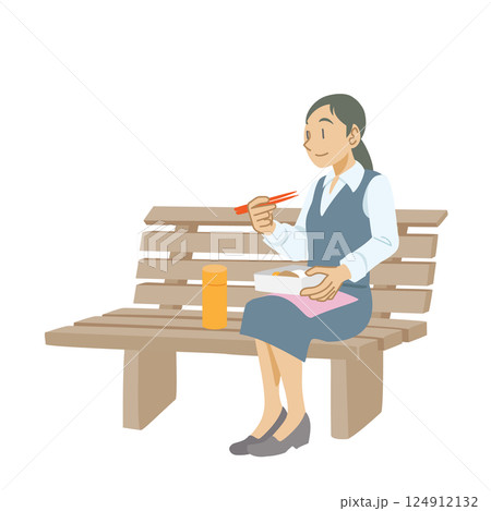 ベンチで弁当を食べる女性 124912132