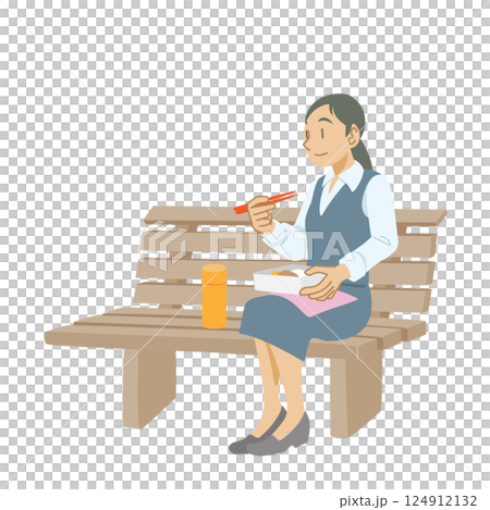 ベンチで弁当を食べる女性 124912132