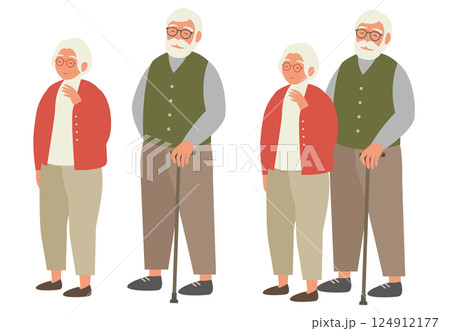 老夫婦の立ち姿のイラスト素材 ベクター シニア カップル 高齢者 白背景 敬老の日 124912177