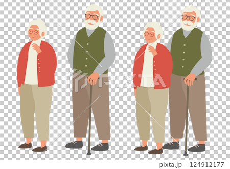 老夫婦の立ち姿のイラスト素材 ベクター シニア カップル 高齢者 白背景 敬老の日 124912177