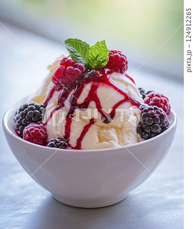 A delectable bowl of vanilla ice cream topped with fresh berries and a vibrant raspberry sauce. The creamy white ice cream is adorned with plump raspberries and blackberries. 124912265