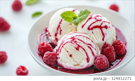 A delightful dessert featuring scoops of creamy vanilla ice cream drizzled with vibrant raspberry sauce, served on a white plate. The ice cream is garnished with fresh raspberries/ 124912271