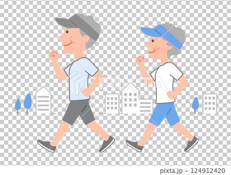 体力作りのためにウォーキングをするシニア男女　春,夏 124912420