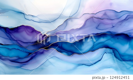 Blue and purple painting with gold accents. The painting is of a mountain range. The mountains are purple and the water is blue 124912451