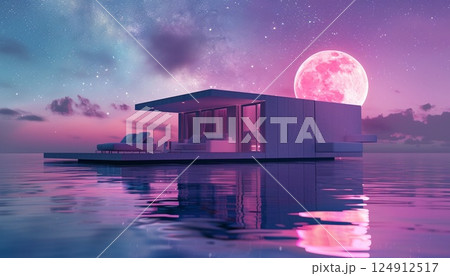 Surreal, tranquil scene of a modern house floating on calm water illuminated by the moon and reflecting pastel colors Surreal, tranquil scene of a modern house floating on calm water illuminated by the moon and reflecting pastel colors 124912517