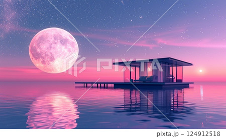 Pastel house floating on calm water under a starry sky illuminated by a shining moon and reflecting pink, purple and blue tones Pastel house floating on calm water under a starry sky illuminated by a shining moon and reflecting pink, purple and blue tones 124912518