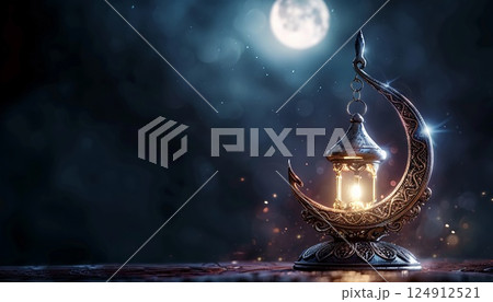 Ramadan greeting design with silver lamp and copy space 124912521