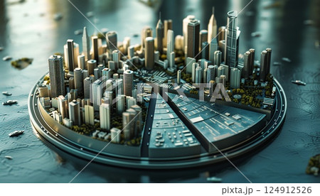 A pie chart viewed from above, featuring cities as segments 124912526