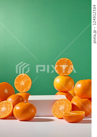 Vertical photo of shiny oranges stacked on top of each other. Several oranges cut in half are placed around a white pedestal, blank place for the product. Green background with light shining on it. Vertical photo of shiny oranges stacked on top of each other. Several oranges cut in half are placed around a white pedestal, blank place for the product. Green background with light shining on it. 124912584