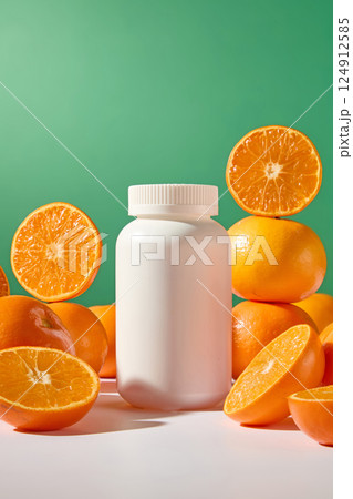 White plastic medicine bottle without label on the outside. Oranges cut in half to show the juicy triangular segments. Citrus has many uses in medicine. Vertical photo with green background 124912585