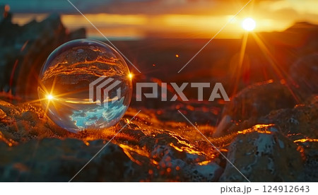 A breathtaking sunset reflected in a crystal ball, shot with selective focus 124912643