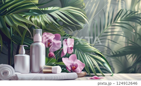 Spa products paired with orchids for an advertising concept Spa products paired with orchids for an advertising concept 124912646