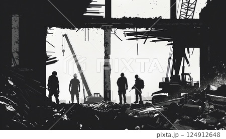 A construction site depicted in silhouette form A construction site depicted in silhouette form 124912648