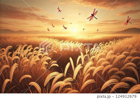 秋イメージ・ススキの野原と赤とんぼ 124912679