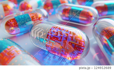 Global health medicine capsules digitally remixed with geometric designs Global health medicine capsules digitally remixed with geometric designs 124912689
