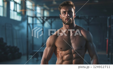 Athletic young man posing in the gym, sports concept with copy space 124912711