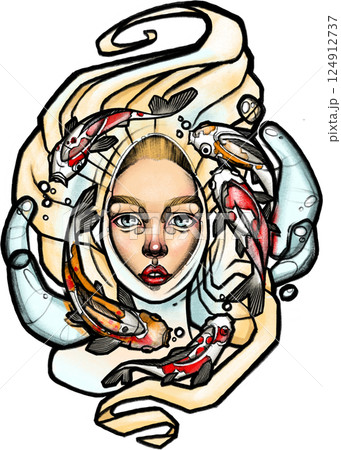 Surreal female face surrounded by koi fish and flowing water. Dynamic Surreal female face surrounded by koi fish and flowing water. Dynamic 124912737