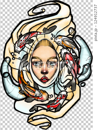 Surreal female face surrounded by koi fish and flowing water. Dynamic Surreal female face surrounded by koi fish and flowing water. Dynamic 124912737