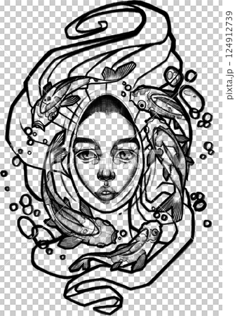 Surreal female face surrounded by koi fish and flowing water. Dynamic Surreal female face surrounded by koi fish and flowing water. Dynamic 124912739