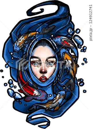 Surreal female face surrounded by koi fish and flowing water. Dynamic Surreal female face surrounded by koi fish and flowing water. Dynamic 124912741