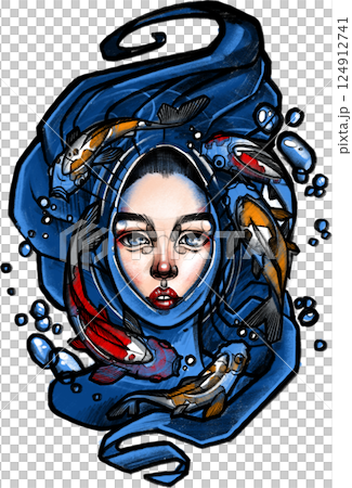 Surreal female face surrounded by koi fish and flowing water. Dynamic Surreal female face surrounded by koi fish and flowing water. Dynamic 124912741