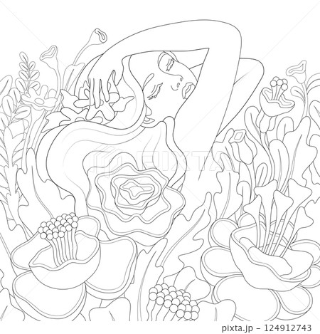 Dreamy Woman Surrounded by Vibrant Flowers Dreamy Woman Surrounded by Vibrant Flowers 124912743