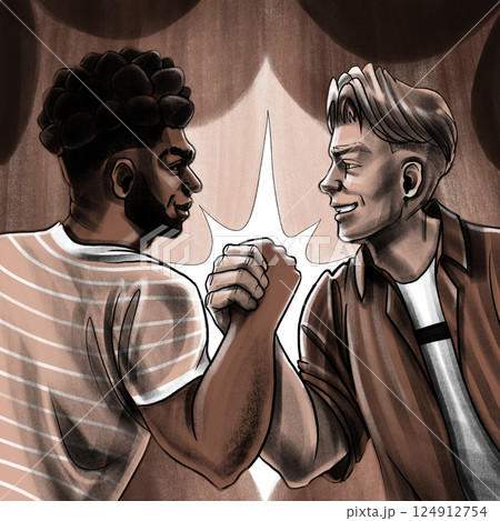 Two men of different ethnicities sharing a powerful handshake 124912754