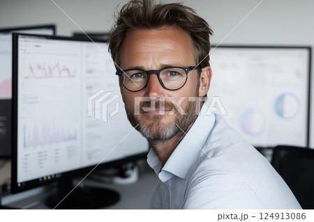 Caucasian man analyst in office with computers and data graphs. Caucasian man analyst in office with computers and data graphs. 124913086