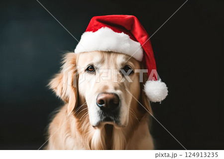 Dog wearing a Santa hat is looking at the camera 124913235