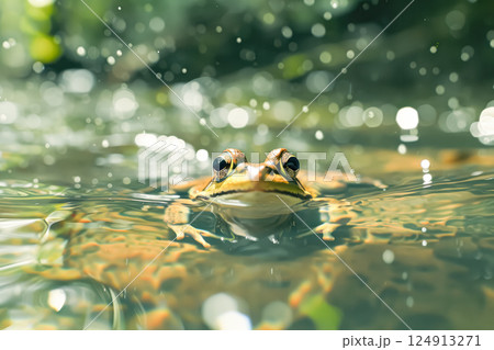 Frog is swimming in a pond with raindrops on its face 124913271