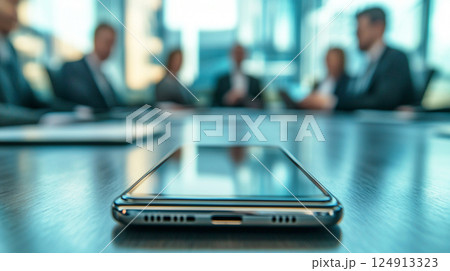テーブルに置かれたスマートフォンとビジネス会議の背景 124913323