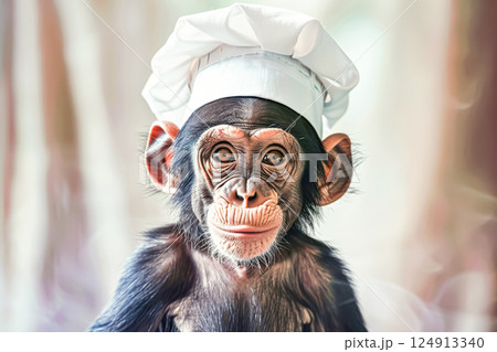 Baby monkey wearing a chef's hat 124913340