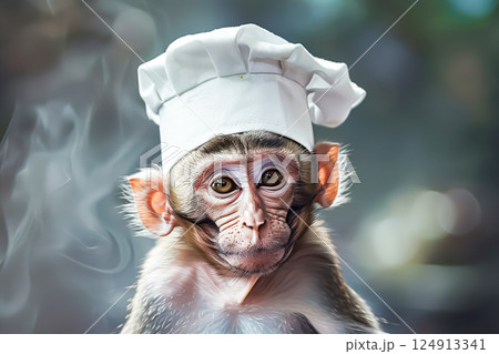 Baby monkey wearing a chef's hat 124913341