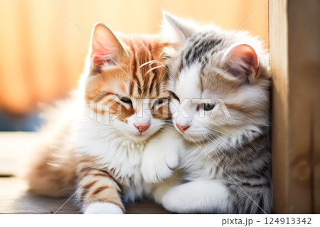 Two kittens are laying next to each other on a wooden surface 124913342
