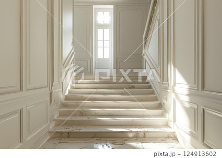 White door with a gold handle sits in front of a wall with a white trim. 124913602