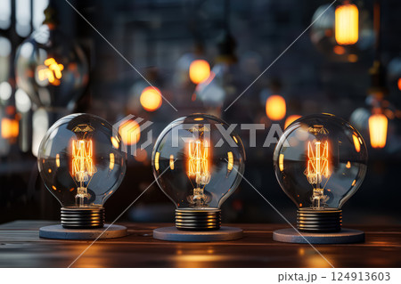 Three light bulbs are lit up and placed on a table 124913603